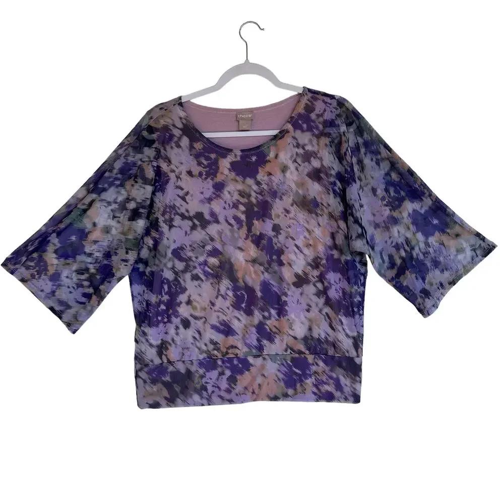 Chico's Floral Blouse Womens M Purple Pullover Wispy Sheer Mesh Lightweight